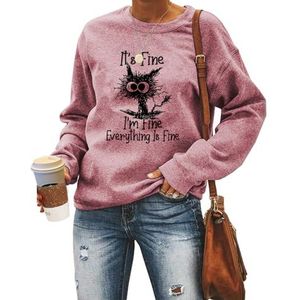 MLZHAN It's Fine I'm Fine Everything Is Fine Dames Sweatshirt Grappig Explosief Haar Kat Print Shirts Lange Mouw Truien Top, Roségoud, S