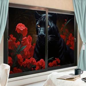 Rode bloem luipaard raamfilm warmteblokkerende natuur zwart dier vintage privacy raamdecoratie glazen deur bekleding niet-klevende raamfilm voor badkamer keuken 60 x 90 cm x 2 stuks