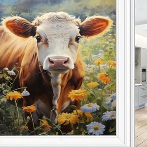 Vintage koe gebrandschilderd glas raamfilm wilde bloem natuur dier aquarel privacy raamfilm glazen deur bekleding niet-klevende raamstickers voor badkamer keuken 70 x 120 cm