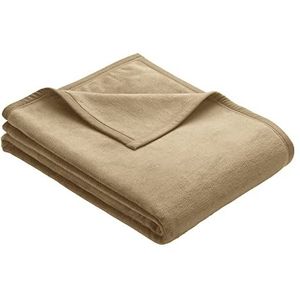 Ibena Berlin wollen deken 150x200 cm - premium knuffeldeken Nougat bruin, hoogwaardige merkkwaliteit van onderhoudsvriendelijk katoenmix met ingenaaide kunstlederen patch