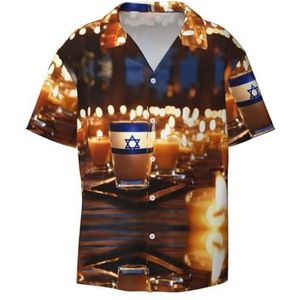 OdDdot Israëlische vlag print herenoverhemden atletisch slim fit korte mouw casual zakelijk overhemd met knopen, Zwart, XXL