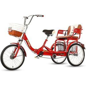 20 inch opvouwbare driewieler met dubbele ketting for volwassenen, robuuste, veilige driewielige fiets met achterbank en mand, in hoogte verstelbaar for 140-180 cm senioren, dames, heren, rood(Color:R