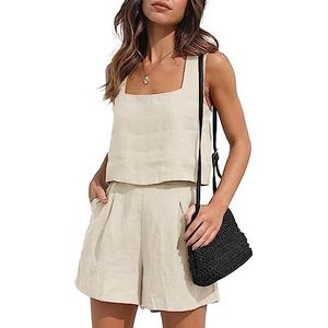 Women Two Piece Outfits Lounge Linen, Tank Top and Shorts, Summer Beach Vacation Clothes, Summer Loose Shorts with Pockets, Boho Streetwear, Linen Matching Sets,Apricot,S