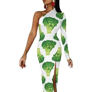 Green Fresh Broccoli Damesjurk met halve mouwen, avondfeest, lange jurk, cocktailjurk, split, bodycon, maat XS