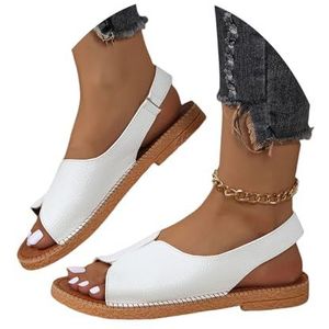 Student Platte Sandalen Dames Vintage Romeinse Sandalen PU Leren Sandalen Zomer Peep Toe Slippers Grote Maten Pantoffels Vrije Tijd Strand Schoenen(White,43 EU)