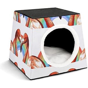 Bedrukte Kattenhuis Kattenmand Schattig Huisdier Puppy Huis Opvouwbaar Kubusvorm met Antislip Bodem Regenboog Flamingo Liefde