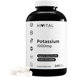 Kalium 1000 mg uit biologisch kaliumcitraatzout. 240 veganistische tabletten voor bijna 3 maanden behandeling. Essentieel mineraal voor het lichaam. Gefabriceerd in Europa door HIVITAL