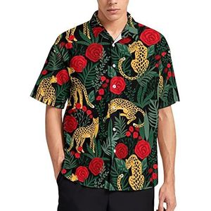 Leopards And Roses T-shirt met korte mouwen voor heren, casual knoopsluiting, zomer, strand, top met zak