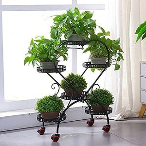 SHZICMY IJzeren plantenstandaard, 6 potplanten, metalen bloemenstandaard voor binnen buiten, plantenbak-display voor thuis, tuin, balkon, zwart + wiel