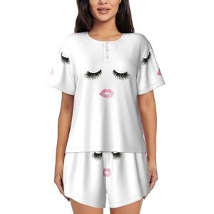 JIAWUJYNB Wimper Lip Witte Print Vrouwen Korte Mouwen Pyjama Set Pyjama Lounge Set Met Zakken,, Zwart, XL