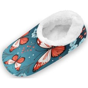 KAAVIYO Rode vlinders blauwe bloemen outdoor pantoffels katoenen huisschoenen gesloten rug winter antislip pluizige voeten pantoffels voor indoor jongens vrouwen, Patroon, X-Large