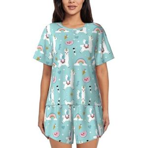 WEFDLKBT Pyjama voor heren en dames, schattige lama-print, meisjesslaappakjes, nachtkleding sets, comfortabele ronde hals, korte mouwen, Foto, S-5XL