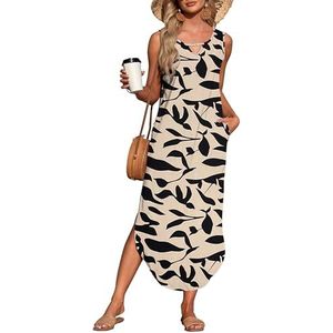 AUSELILY dames zomer maxi jurk mouwloos casual losse strandjurk met zakken Abrikoos Zwart Blad M
