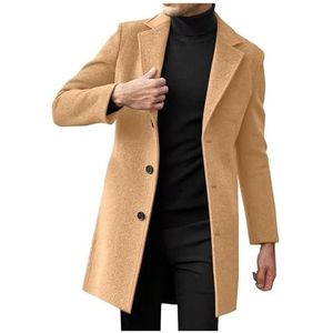 Jas Heren Lange Jas Slim Fit Casual Wollen Jas Herenjas Winter Warme Bovenkleding Zwart Single Breasted Zakelijke Outfit Jas Winterjas Gekerfde Kraag Trenchcoat, M-5XL(Khaki,XXL)