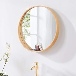 20″ ronde wandspiegel met ingebouwde opbergplank, diep ontwerp, groot houten frame cirkelspiegels wanddecoratie for badkamer entree, make-upspiegel(Color:Oak)