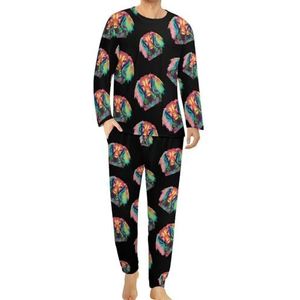 Kleurrijke teckel comfortabele heren pyjama set ronde hals lange mouw loungewear met zakken 4XL