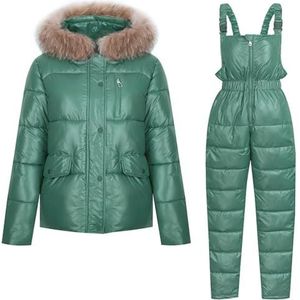 UPPJPBSW Dames nepbont gewatteerde 2-delige skibroek en jas, warme snow suit, verdikte pufferjas parka met capuchon,Mint green,L