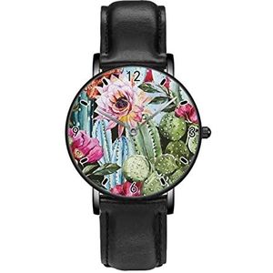 Aquarel Cactus Vetplanten Bloemen Rozen Horloges Persoonlijkheid Business Casual Horloges Mannen Vrouwen Quartz Analoge Horloges, Zwart