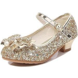 Glitter Kinderen Dans Schoenen Meisjes Hoge Hakken Boog Prinses Model Kristal Enkele Schoenen Pailletten Kinderen Schoenen Vrouwen Prinses Schoenen Meisjes Glitter, Goud, Size 30 inner length 19cm