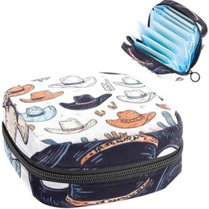 Western Cowboy Hoeden Patroon Maandverband Opbergtas, Grote Menstruatie Cup Pouch met Rits, Menstruatie Pads Bag Store Panty Liners Tampons voor Meisjes Vrouwen