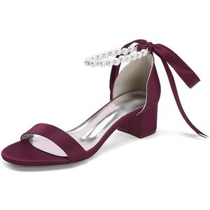 Dames Parel Blokhak Trouwschoenen Voor Bruid Enkelband Satijnen Bruidsschoenen Open Teen Sandalen Met Hak,Burgundy,35 EU