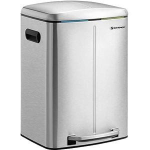 SONGMICS Dubbele Vuilnisbak, 2 x 20L Vuilnisbak, Metalen Stapbak, met Dual Compartments, Plastic Binnenemmers en Scharnierend Deksel, Handgrepen, Soft Closure, Luchtdicht, zilver LTB40NL