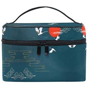 Cosmetische tas, motief: vogel met rode zon, Japanse kunst, organizer, ritssluiting, cosmeticatas, toilettas, voor reizen, dames, meisjes