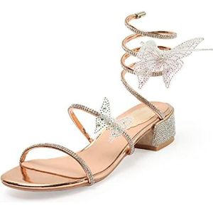 GeRRiT Zomer Romeinse pantoffels for dames Sexy mode-strass sandalen met dikke hak Luxe slipper met bandjes Platte zomersandalen for dames Zomer Romeinse sandalen for dames (Color : Gold, Size : 7.5