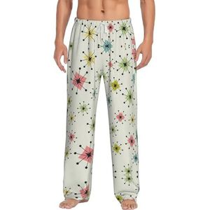 OKFSTY Atomic Stars Retro Patroon Heren Pyjama Broek,Pyjama Polyester Broek Voor Mannen Zachte Lange Lounge Pj Slaap Broek Met Zakken, Wit, S