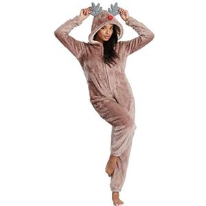 Dames zacht koraal/Sherpa fleece dier 3D capuchon all-in one pyjama onesie, Bruin Rendier, L