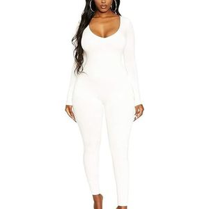 Rongseng Jumpsuit dames lange mouwen ronde hals sport jumpsuit lang strak stretch eendelig bodycon yoga bodysuit overall naadloos One Piece Workout Playsuits Sportpak Trainingspak Club Outfit, wit, S