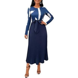 jurken voor dames Colorblock-jurk met riem en geplooide zoom - Elegante A-lijnjurk met lange mouwen (Color : Navy Blue, Size : M)