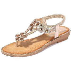 Xytraiihw Dames Casual Zomer Sandalen, met Bloemen Strass Zomerschoenen Clip Teen Wedge Hak Sandalen met Elastische Band Open Teen Slippers Strandschoenen,Goud,36 EU