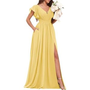 Chiffon bruidsmeisjesjurken voor dames, voor bruiloft, met split, avondgalajurken, cocktailjurken, grote maten, Geel, 32