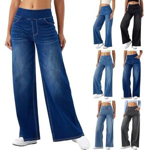 2025 Dames High Waisted Stretch Pull-On Wijde Pijpen Denim Sweatpants - Stijlvolle Jeans-Looking Comfort(Dark Blue,X-Large)
