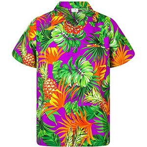 King Kameha Hawaiihemd, voor heren, korte mouwen, borstzakje, Hawaii-print met ananas en bladeren, Pineapple Leaves Paars, 6XL