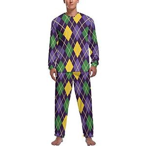 Groen en paars Mardi Gras abstract geometrisch patroon zachte herenpyjama set comfortabele loungewear top en broek met lange mouwen geschenken L