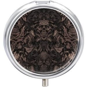 Schedel Damast Pillendoosje 3 Compartimenten Kleine Pillendoos met Spiegel voor Portemonnee & Pocket Reizen Medicijnen Organizer Dagelijkse Medicatie Container Draagbare Pillendoos Metalen