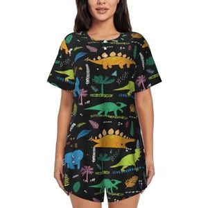 Dinosaurus palmblad print dames zomer zachte tweedelige bijpassende outfits korte mouw pyjama lounge pyjama sets, Zwart, XXL