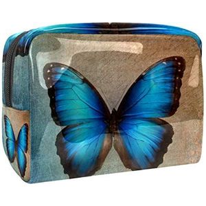 Draagbare make-up tas met rits reizen toilettas voor vrouwen handige opslag cosmetische zakje vintage blauwe vlinder