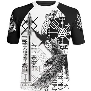 Nordic Fenrir Wolf Korte Mouw - Middeleeuwse Viking Odin Krijger 3D Print Tattoo Retro Straat Casual T-shirt - Heidense Zomer Strandfeest Cosplay Kostuums (Color : Crow, Size : 5XL)