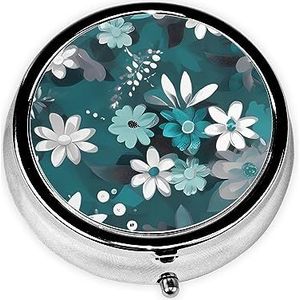 Pillendoosje met spiegel, retro pillendoosje met 3 vakken, groenblauw en wit, bloemen, kleine pillenorganizer voor portemonnee of zak, decoratieve metalen medicijn-vitamine-organizer, unieke