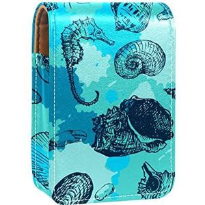 Blauw Water Zee Paard Schelpen Zeester Conch Krab Lip Gloss Houder Lipstick Case Draagbare Make-up Tas Reizen Lipstick Organizer Case met Spiegel Mini Lipstick Opbergdoos voor Vrouwen