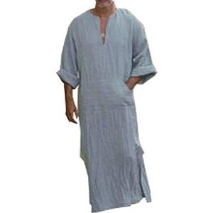 Huateng Casual etnische moslim thobe voor mannen, linnen kaftan-Midden-Oosten Saudi-Arabische badjas jurken met zakken, lichtgrijs, L