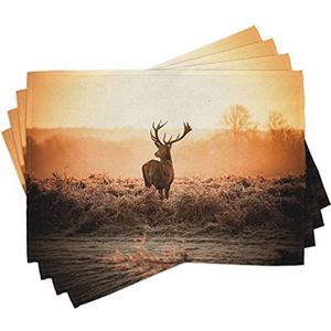 ABAKUHAUS Jacht Placemat Set van 4, Deer Morning Sun, Wasbare Stoffen Placemat voor Eettafel, bruin Oranje