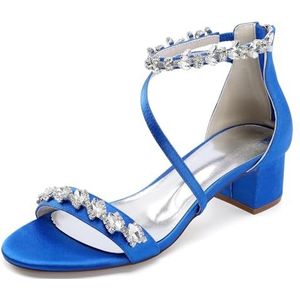 KYEGLO Dames Sandalen Met Open Teen En Strass Steentjes, Dikke Zool En Enkelbandje Met Strass Steentjes, Comfortabele Satijnen Bruidsschoenen Met Ritssluiting,Blauw,36