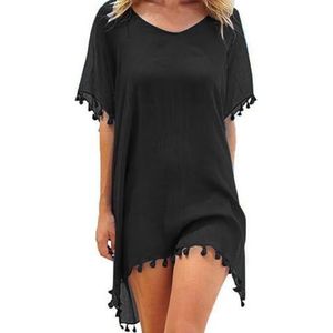 Chiffon Strandkleding Vrouwen Strand Bikini Cover Up Kwastje Strand Jurk V-hals Badmode Zomer Casual Badpak, Zwart, One size