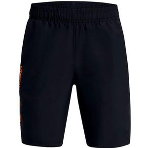 Under Armour Lichte, comfortabele en losse shorts voor jongens, inpakbare sportbroek voor warm-ups, geweven grafische shorts, (002) Zwart//Atomic, XL