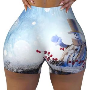 ELRoal Dames Sport Elastische Shorts Leuke Sneeuwmannen Kerst Printing Vrouwen Workout Shorts Ademend En Sneldrogende Yoga Shorts, Zwart, XL-3XL Short