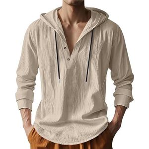 CupitiDU Linnen strandshirt met capuchon voor heren, lichtgewicht knoopsluiting, losse pasvorm, ademend zomershirt tops met capuchon, Khaki-1, 3XL